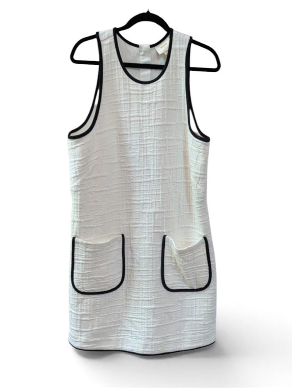 Maeve, Patch Pocket Off White Mini Dress With Black Trim. Large